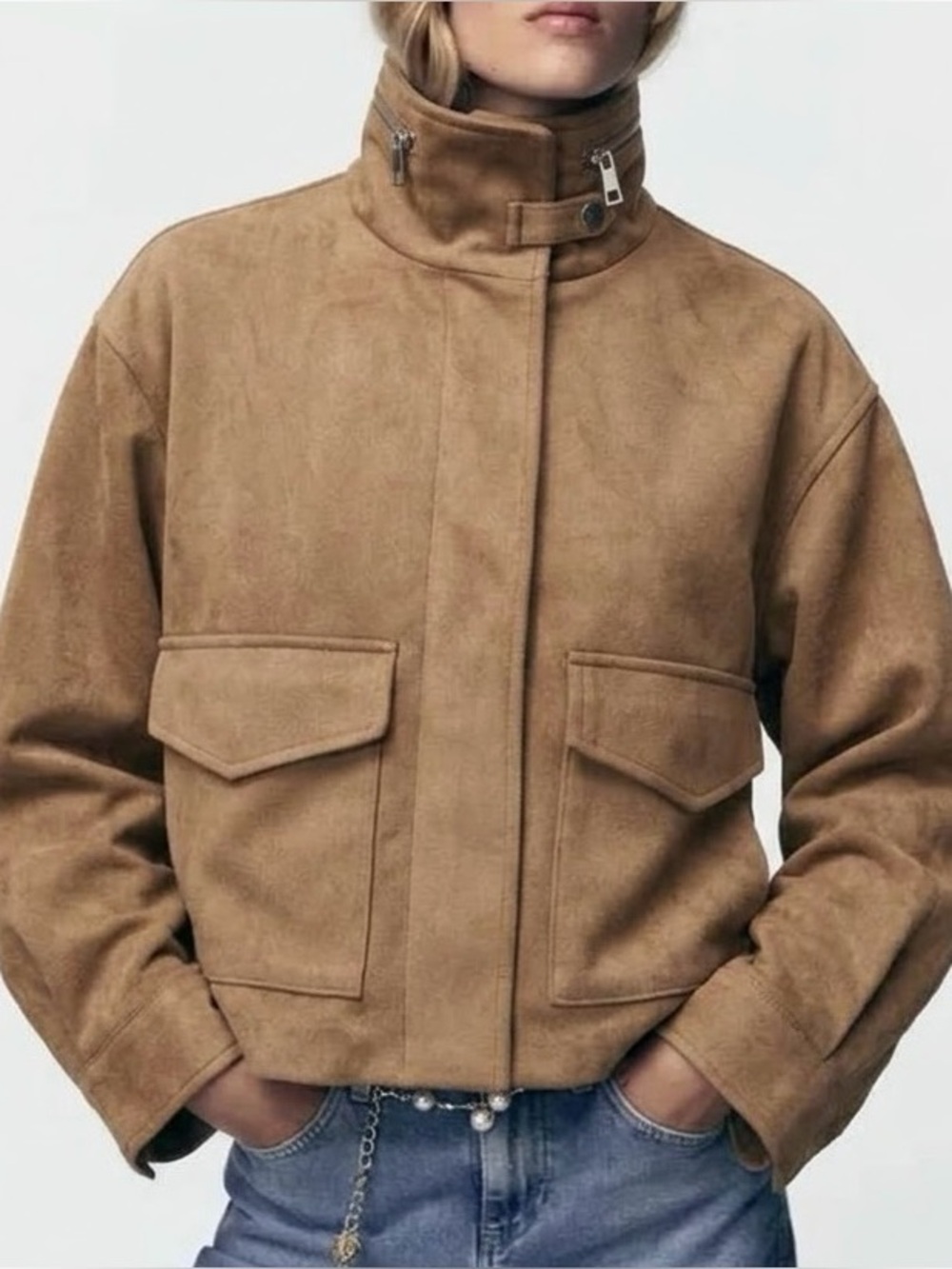 House of Harlow 1960 Faux Suede Jacket Brown Tan Moto Utility Zip NWT SZ M